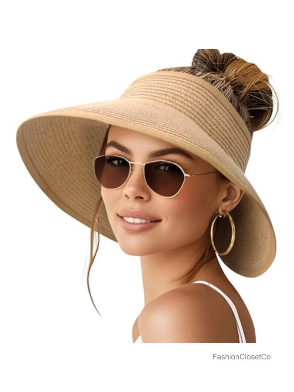 Wide Brim Straw Sun Hat with UPF 50+, Foldable & Packable Ponytail Beach Hat